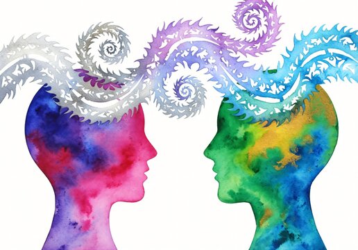 Acquerello astratto di due profili connessi da onde e spirali di pensiero.