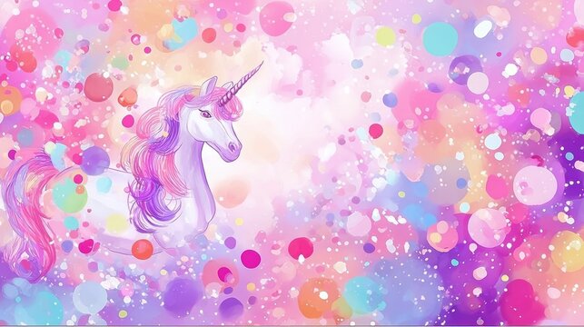 Pink glitter unicorn background, birthday party theme for girls, mermaid and pony elements, fun summer sparkle, cheerful.