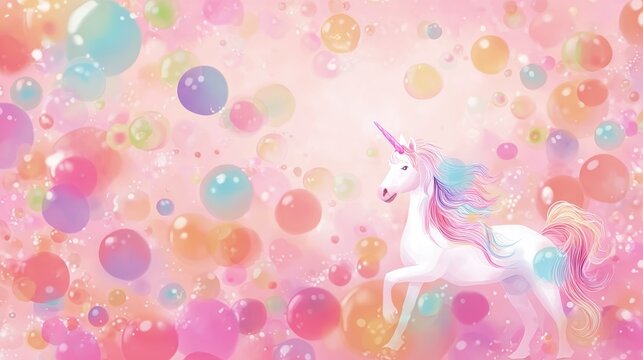 Pink glitter unicorn background, birthday party theme for girls, mermaid and pony elements, fun summer sparkle, cheerful.