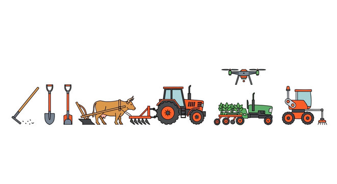 Evolution of agriculture from primitive tools and animal-drawn plows to modern tractors and agricultural drones demonstrating advancements in farming technology