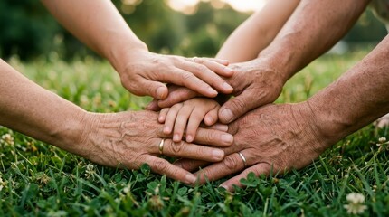 Cozy Multi-Generational Family Hands United on Grass