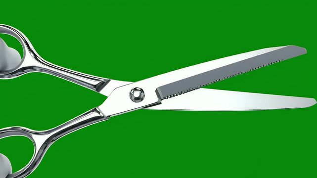 Polished metal shears with serrated edge open against a bright green background