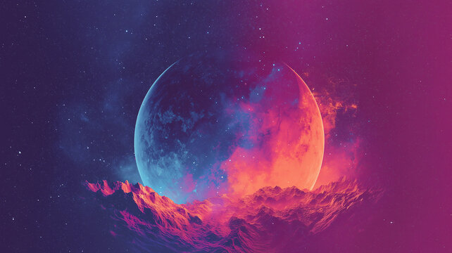 A huge planet in the sky above the mountains - concept poster. Full moon night background. Surreal cosmic landscape. Digital photo illustration. 