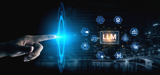 Obraz premium Large Language Model LLM processing data. Represents deep text learning, natural language processing NLP AI tech, transformer architecture, and generative AI deep learning future technology. Corpus