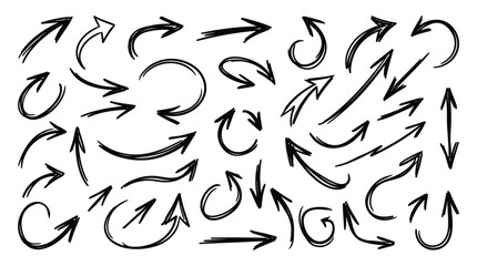 Obraz premium Black ink pencil arrows pointing in various directions, showing movement and path indicators, isolated on a clean white background for navigation