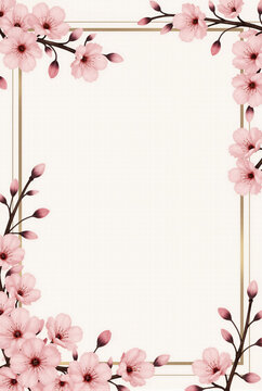 Beautiful romantic rectangular floral frame made of delicate pink cherry blossom branches, perfect for spring wedding invitations and elegant greeting cards.