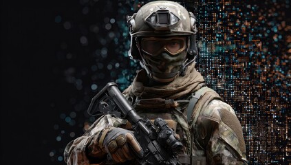 Naklejka premium Soldier in tactical gear, helmet, and mask, holding a rifle