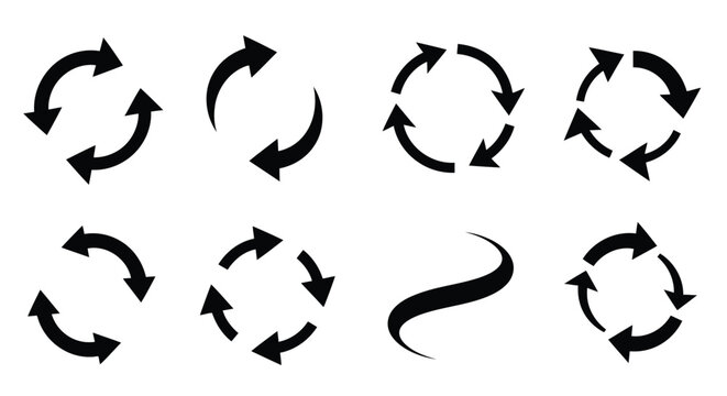 A set of eight black arrows arranged in a circular pattern with varying orientations