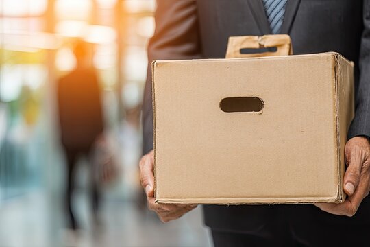 Person in suit carrying a cardboard box with personal belongings