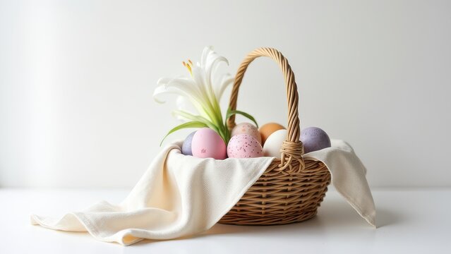 minimal easter basket with hand dyed eggs linen napkin and lily on white studio background