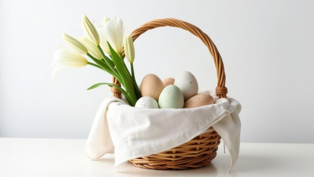 minimal easter basket with hand dyed eggs linen napkin and lily on white studio background