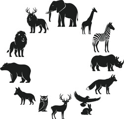 Fototapeta premium Wildlife Animal Silhouette Collection with Lion, Elephant, Giraffe, Zebra, Rhino, Bear, Wolf, Deer, Eagle, Owl and Rabbit Vector Illustration Set.