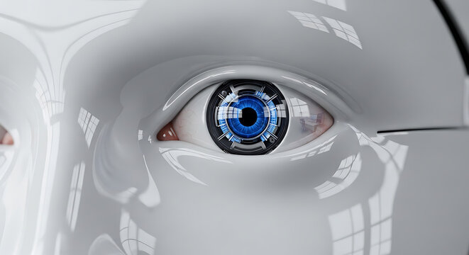 ai agents detailed futuristic robot eye featuring a mechanical blue iris and glossy white casing symbolizing advanced artificial intelligence.