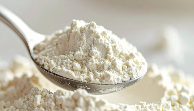 White powder supplement in a scoop, fine texture. Hydrolyzed collagen, health and wellness, dietary supplement, fitness nutrition