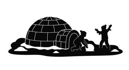 An arctic scene depicts an igloo and children playing a black silhouette © IMkM00i76