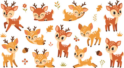Obraz premium Cute Baby Deer Character Collection with Different Poses Including Sitting, Jumping, Running and Sleeping Cartoon Woodland Animal Vector Illustration Set.
