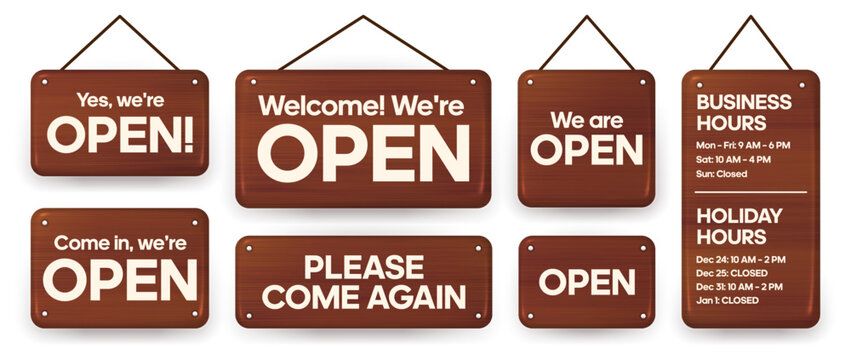 Realistic dark wood signage set, hanging wooden boards with business hours and welcome text, 3D timber plaque collection