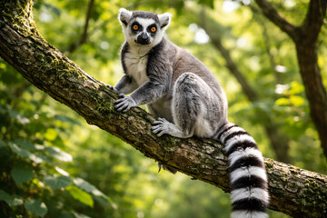 Fototapeta premium Ring-tailed lemur on branch, The ring-tailed lemur on tree
