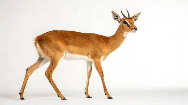 Adult male Oribi antelope (Ourebia ourebi) standing alert, isolated on a pristine white background.