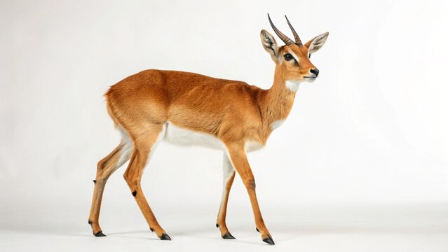 Adult male Oribi antelope (Ourebia ourebi) standing alert, isolated on a pristine white background.