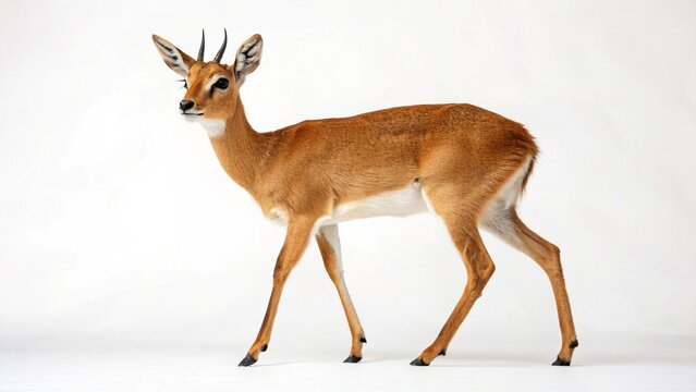 Adult male Oribi antelope (Ourebia ourebi) standing alert, isolated on a pristine white background.