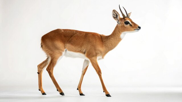 Adult male Oribi antelope (Ourebia ourebi) standing alert, isolated on a pristine white background.