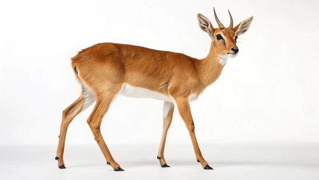 Adult male Oribi antelope (Ourebia ourebi) standing alert, isolated on a pristine white background.