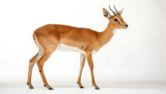 Adult male Oribi antelope (Ourebia ourebi) standing alert, isolated on a pristine white background.