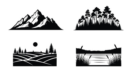 Four landscape scenes depict mountains forests and fields a silhouette © IMkM00i76