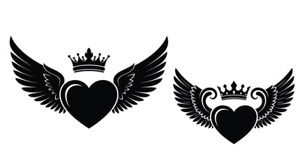 Obraz premium Two heart and wing emblems with crowns a striking silhouette