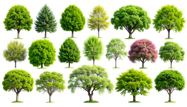 A collage of various lush green trees with diverse shapes and foliage against black