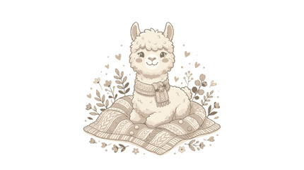 Fototapeta premium Cute alpaca sitting on blanket with flowers vector illustration for nursery decor and design