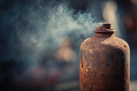 Rusty metal container expels wispy smoke into a hazy, muted atmosphere