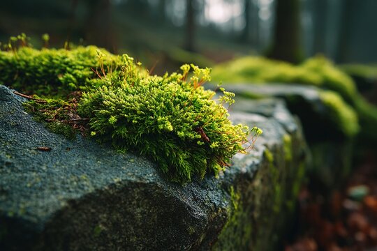 Green moss growing on stone surface in natural forest