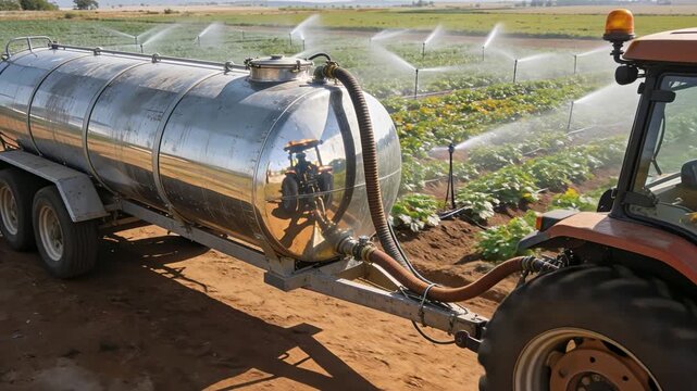Tractor pulling water tank trailer supplying irrigation system across crop field, modern farming operation, agricultural resource distribution, rural food production and land management.