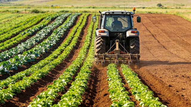 Tractor cultivating vegetable rows on fertile farmland, agricultural machinery working soil between crops, modern farming practice, rural food production and field management.
