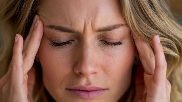 Close up of a stressed young woman with closed eyes rubbing her temples suffering from a severe headache or migraine