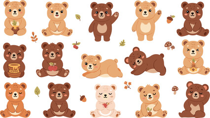 Fototapeta premium Cute Teddy Bear Character Collection with Different Poses Including Sitting, Waving, Hugging and Relaxing Cartoon Baby Bear Vector Illustration Set.