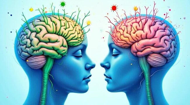 A video showcasing a creative illustration of two human brains connecting