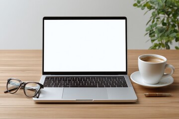Fototapeta premium A modern laptop with a blank screen sits on a wooden desk next to glasses, a coffee cup, and plant