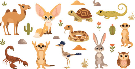 Cute Desert Animal Cartoon Collection with Camel, Fennec Fox, Turtle, Lizard, Snake, Meerkat, Scorpion, Roadrunner, Rabbit and Owl Vector Illustration Set. © MstSuborna