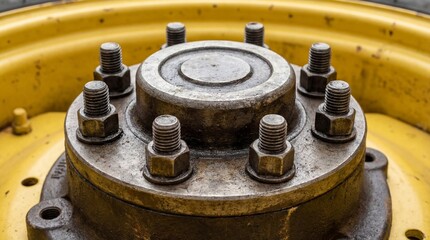 Close-up of tractor wheel hub with bolts on yellow rim  