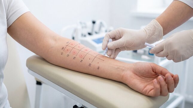 Medical professional conducting allergy skin prick test on patient&rsquo;s arm  