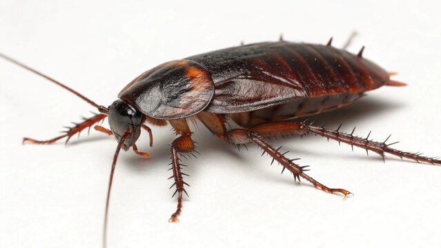 Macro studio portrait of a glossy, dark Oriental Cockroach (Blatta orientalis) isolated on a clean white background.