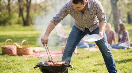 Fototapeta premium Man grilling sausages at spring picnic in grassy park 