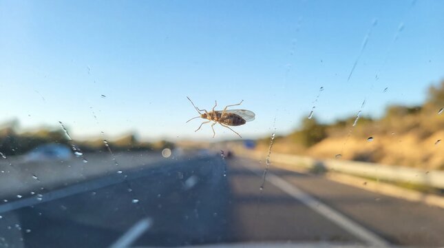 Insect resting on car windshield with blurred highway background  