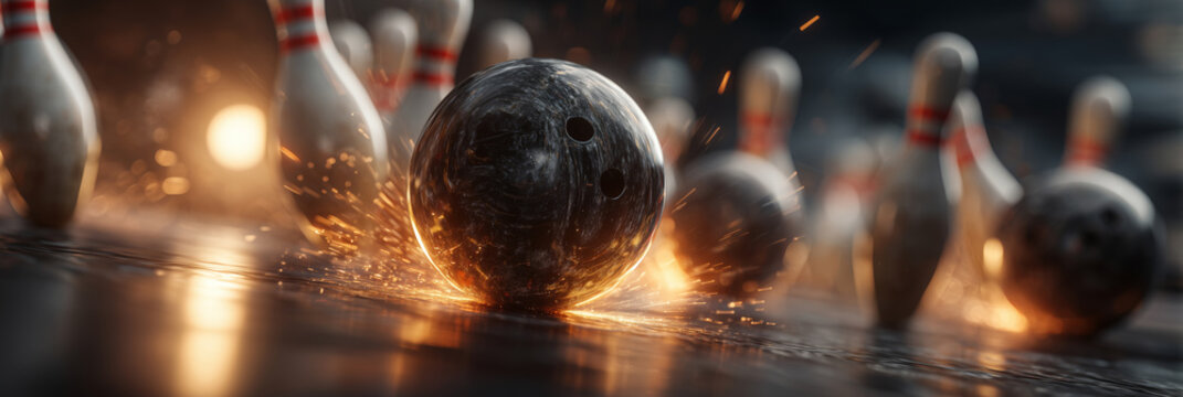 Bowling ball strikes with power as pins scatter in brilliant action