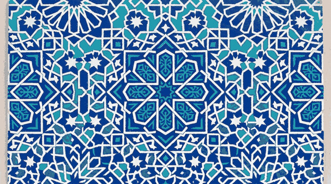 Intricate moroccan zellige tile pattern in vibrant blue and turquoise with geometric floral motifs