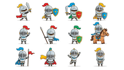 Collection of cute cartoon knight characters in various poses and armor. © Doni