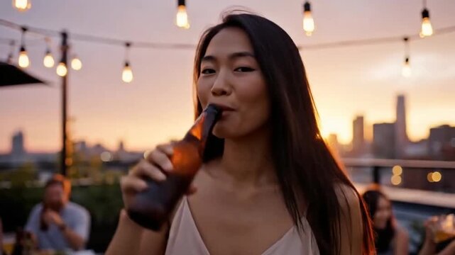 Happy Asian woman drinking beer at a rooftop sunset party with friends.